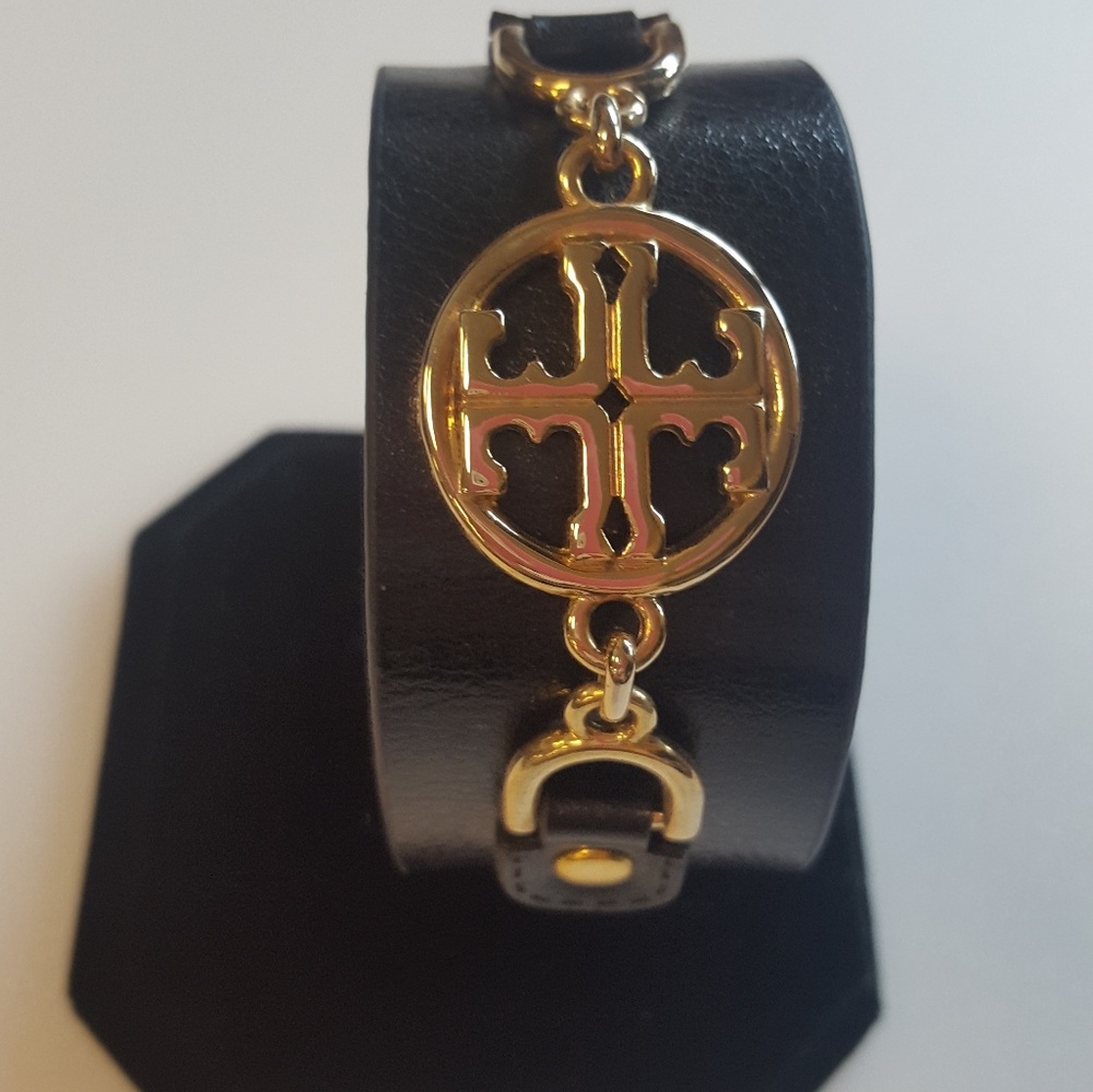 Tory Medallion charm black faux leather bracelet